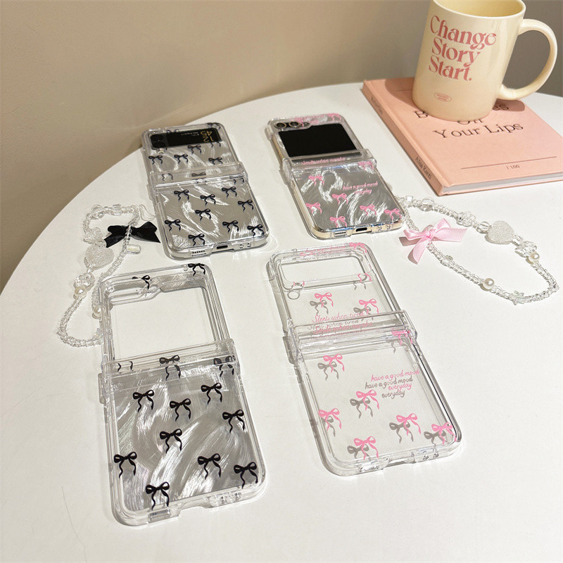 Hàn Quốc Nơ Dễ Thương Trong Suốt Z flip 5 flip 4 flip 3 Vỏ Điện Thoại Có Dây Xích Pha Lê Cho Samsung Galaxy Z Flip5 Flip4 flip3 Ốp Lưng