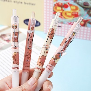 [Mực Đen] Set 4 Bút Hoạt Hình Capybara, Mắc Cài Kim Loại Đệm Tay Silicon Ngòi 0.5mm
