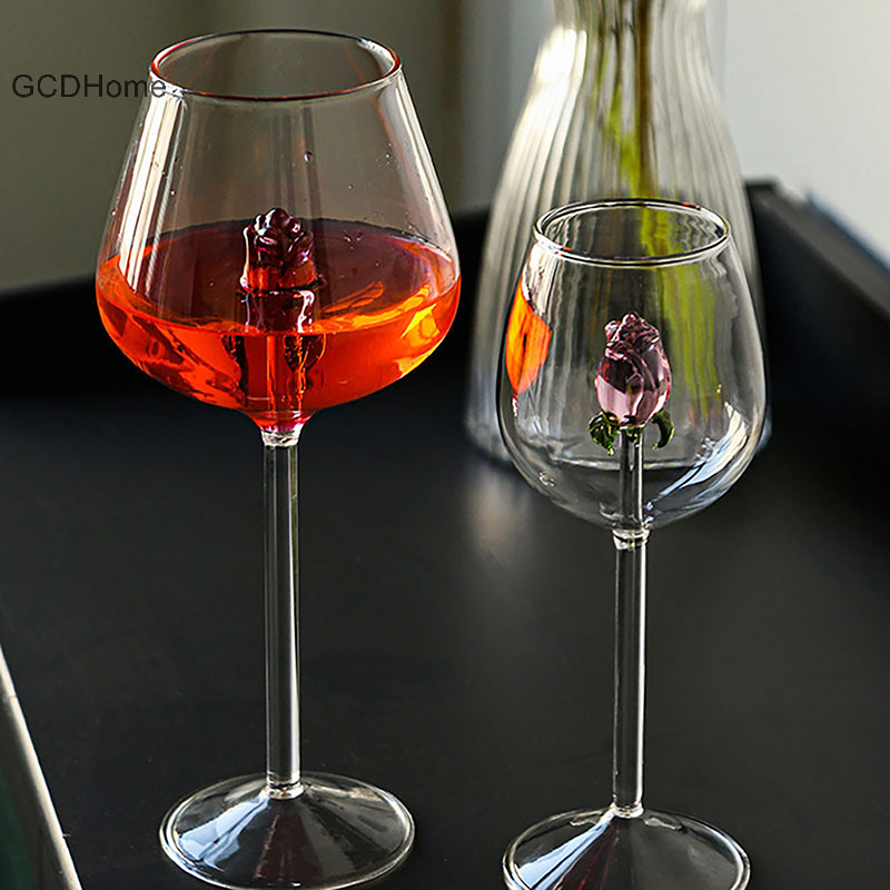 Gcdhome Sáng Tạo 3D Hồng Thủy Tinh Hoa Hồng Tích Hợp Màu Đỏ Trắng Rượu Ly Drinkware Cốc Champagne Sáo Hộ Gia Đình Đáng Yêu Valene Quà Tặng HOT