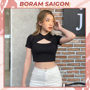 Set áo croptop bo gân tay ngắn mix áo 2 dây BORAM SG