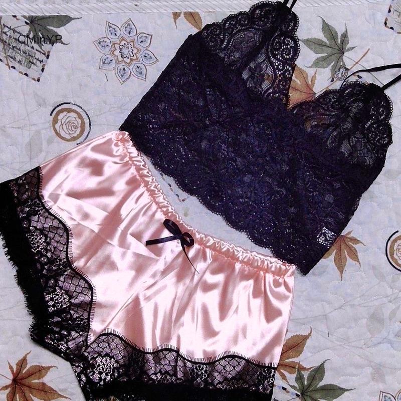 Cminyp 1 Bộ Đồ Ngủ Nữ Ren Babydoll Crop Top Quần Short Váy Ngủ