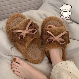 Xixitiao Thu Đông Phong Cách Mới Cổ Tích Phong Cách Nơ Ngọt Ngào Nữ Cotton Dép Thời Trang Retro Đế Mềm Thoải Mái Lông Dép