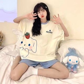 2025 mùa xuân mới quần short ngắn tay đồ ngủ cho nữ hoạt hình ngọt ngào giản dị cổ tròn phù hợp với quần áo nhà có thể mặc bên ngoài
