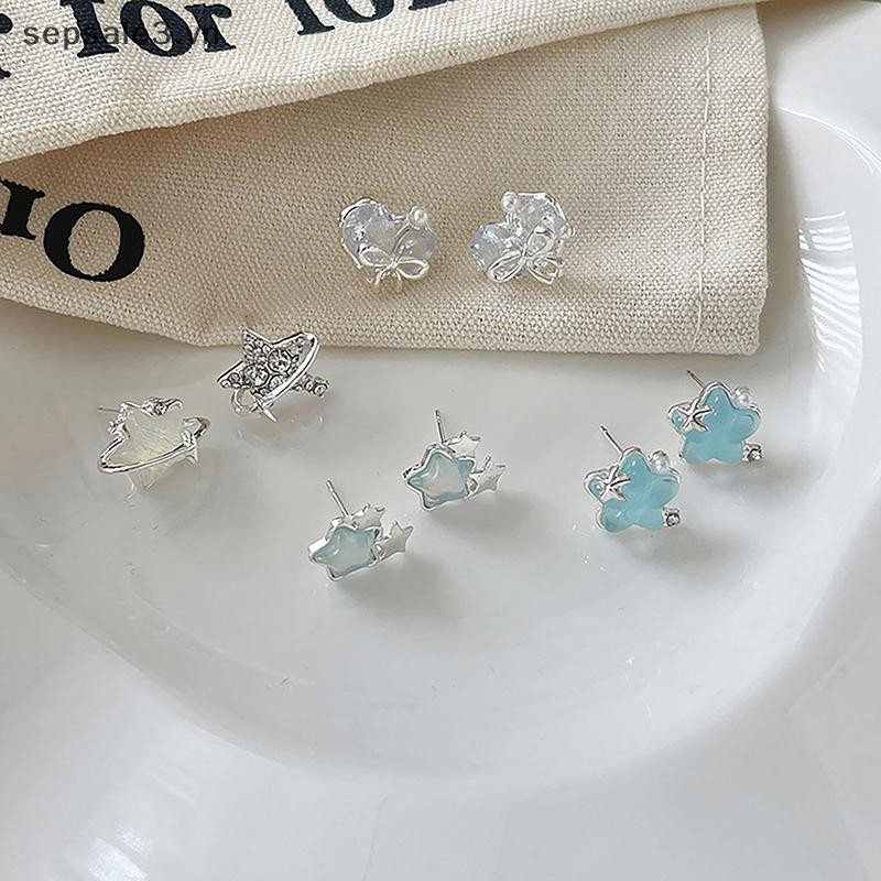# Sepsale # 1 Đôi Bông tai hình ngôi sao Zircon xanh phong cách Hàn Quốc dành cho nữ Bông tai tính khí dễ thương ngọt ngào tinh tế Trang sức đám cưới.