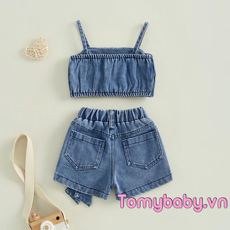Bộ trang phục 2 món mùa hè cho bé gái Bộ Áo hai dây Denim cổ điển kèm quần short nơ