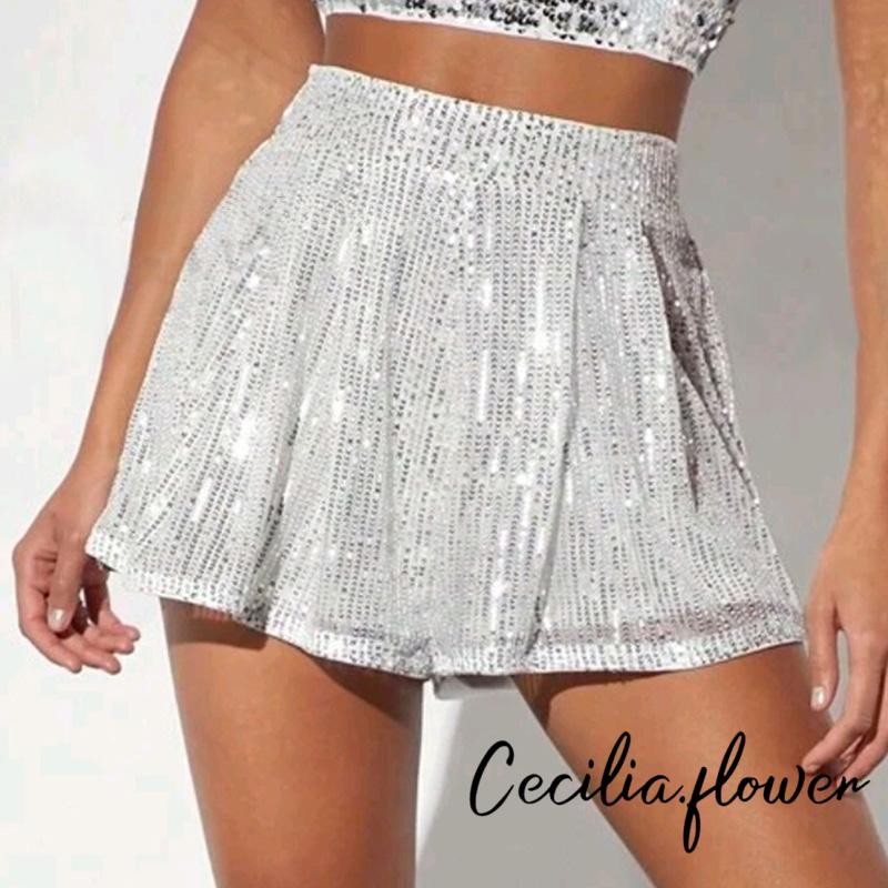 Nữ Mùa Hè Nóng Quần Short Thường Ngày Rời Sáng Bóng Kim Sa Lấp Lánh Co Giãn Eo Quần Ngắn Cho Kỳ Nghỉ Đi Biển Câu Lạc Bộ Dạo Phố