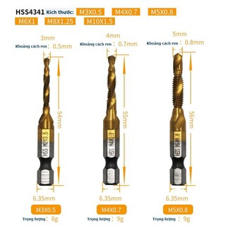Mũi khoan taro tạo ren HSS từ M3 - M10 phủ titalium, chuôi lục giác chuẩn 6.35mm