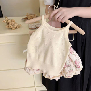 Trang phục mùa hè cho bé gái 2025, bộ hai món thời trang mới với quần short hoa có dây cho bé gái