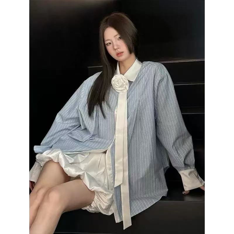 SUXI Áo sơ mi nữ sọc xanh đơn giản giản giản dị mới mùa xuân 250326