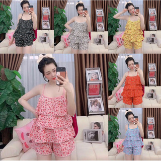 Set bộ đồ ngủ 2 dây 3 tầng bèo vải lụa hàn mềm mại họa tiết dễ thương .