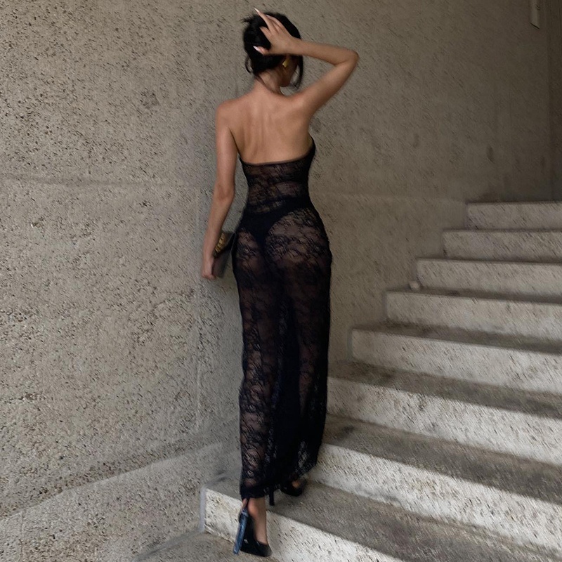 Klalien Gợi Cảm Nhìn Xuyên Qua Đảng Váy Ngủ Nữ Mùa Hè Không Dây Lưng Ren Maxi Đầm Ruched Dạ Hội Prom Bodycon Áo