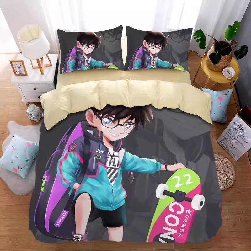 [Flip] Bộ đồ giường thám tử Conan Bộ chăn ga gối 3IN1 Vỏ chăn gối Phòng ngủ gia đình Ký túc xá có thể giặt được