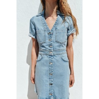 ZA Mùa Hè Sản Phẩm Mới Thời Trang Cổ Chữ V Ngắn Tay Túi Giặt Hiệu Ứng Đầm Mini Denim 1879038