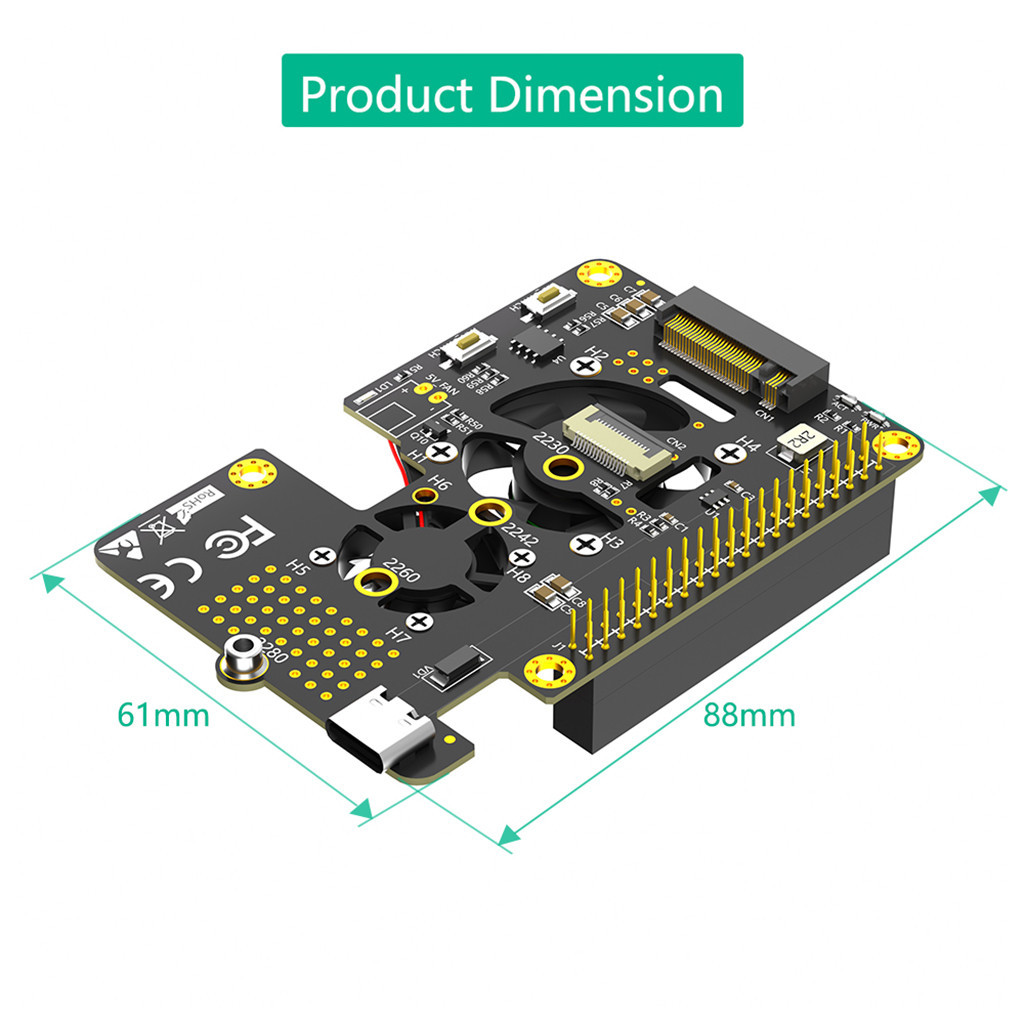 Jmt Phiên bản mới Combo 3 trong 1 M.2 NVMe SSD sang PCI-E Bộ chuyển đổi với quạt làm mát kép và đèn LED đổi màu tự động cho Raspberry Pi 5