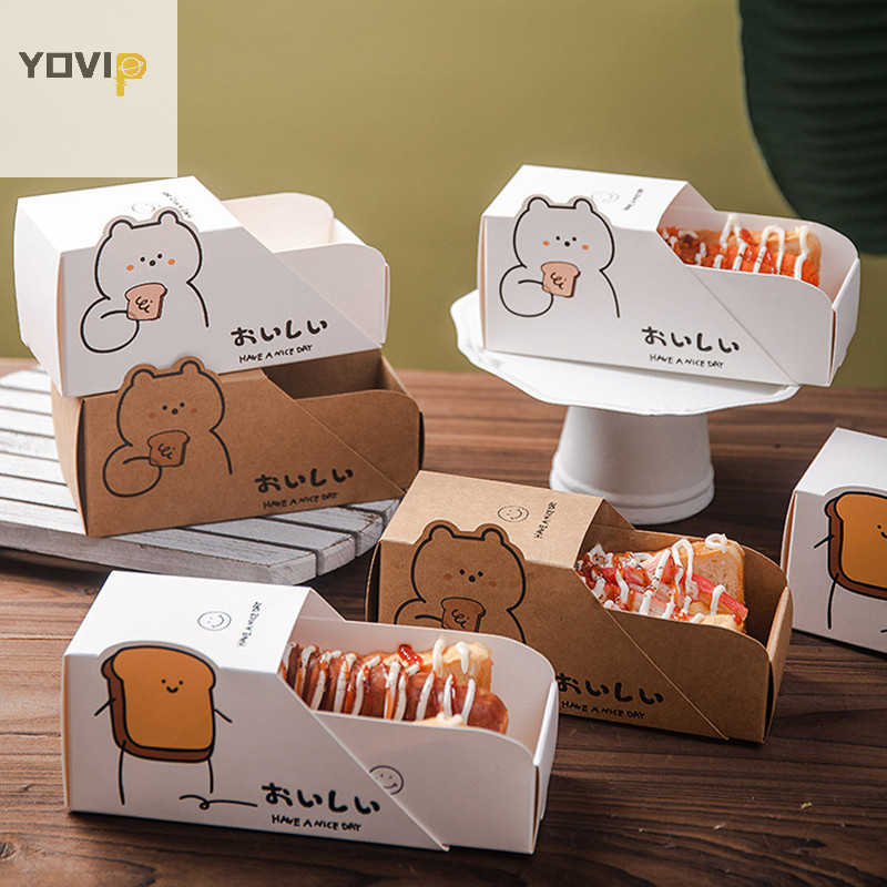 Yovip 10 Chiếc Hoạt Hình Gói Thực Phẩm Hộp Giấy Bánh Mì Nướng Sandwich Burger Bữa Sáng Takeaway Bento Dùng Một Lần Hộp Đóng Gói Nhà Hàng VN