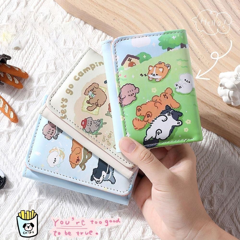 SNUGHOUSE Ví Đựng Tiền Xu, 3 Gấp Da PU Thẻ Tín Dụng Holoder, Vintage Dễ Thương Mèo Con Chó INS Phong Cách Ví Đựng Thẻ Cho Bé Gái Học Sinh Quà Tặng