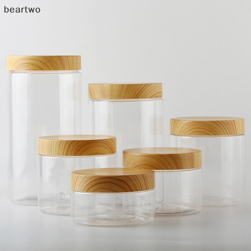 < Beartwo > Hộp đựng lọ trong suốt rỗng có nắp gỗ giả bằng nhựa Chai lưu trữ bằng nhựa Đẹp