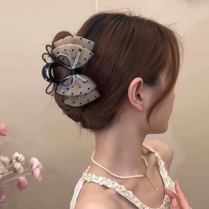 ​Kẹp cá mập đính kim cương giả Girls Dot Mesh - Móng vuốt tóc bằng nhựa dành cho nữ ​- Thời trang Hàn Quốc Vintage Elegant - Kẹp tóc nơ ren sáng bóng cho nữ - Phụ kiện tóc phổ biến - Giá đỡ đuôi ngựa
