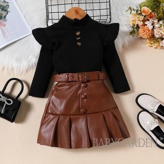 Baga-1-6yeaf kids Girl Trang phục 2 món / Áo dài tay xù xì * / Váy xếp li bằng da / Bộ quần áo dễ thương mùa thu cho bé