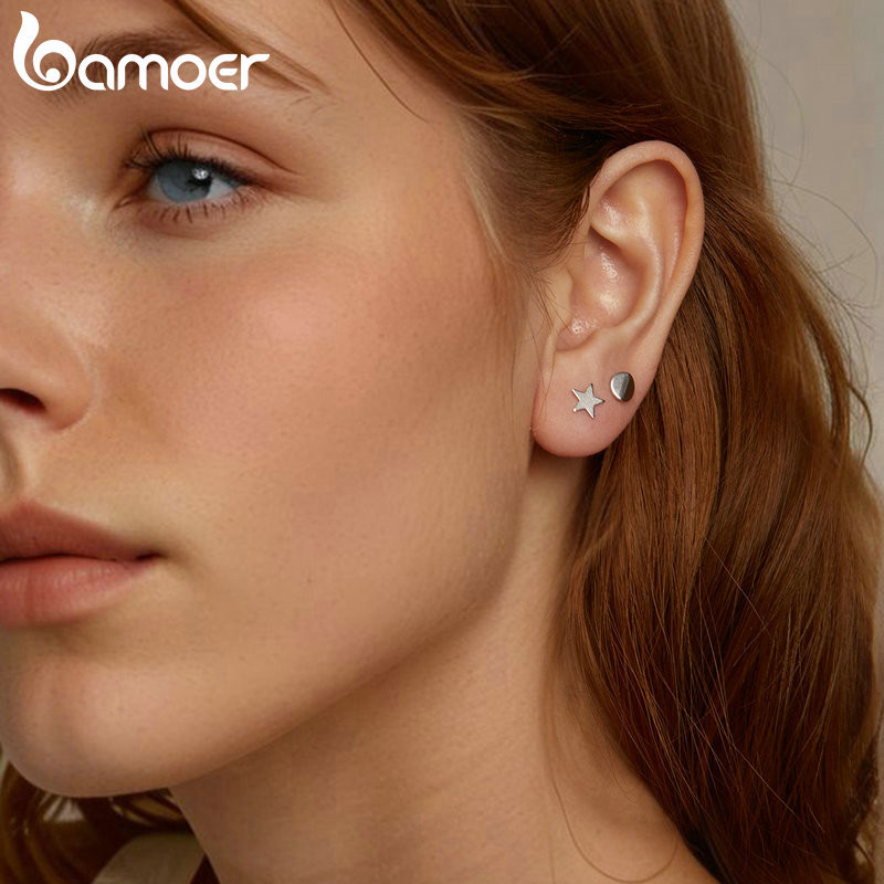 Bamoer 925 Sterling Sliver Studs Bông Tai Ngôi Sao Tròn Trang Sức Quà Tặng Cho Nữ