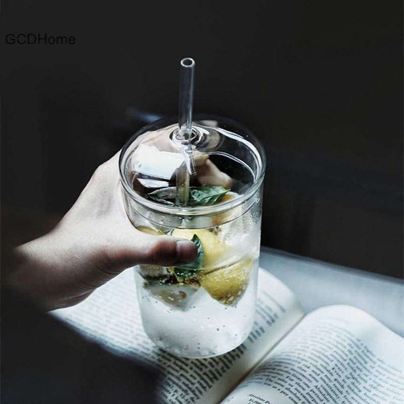 Gcdhome 450ml Cốc Thủy Tinh Có Nắp Và Ống Hút Trà Trong Suốt Cà Phê Nước Trái Cây Bia Thủy Tinh Có Thể Sữa Mocha Ăn Sáng Cốc Drinkware Cốc HOT