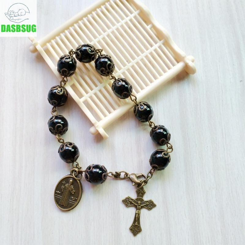 Dasbsug Thời Trang Sang Trọng Hạt Thủy Tinh Màu Đen Công Giáo Vòng Tay Cho Thánh Giá Tôn Giáo Trang Sức