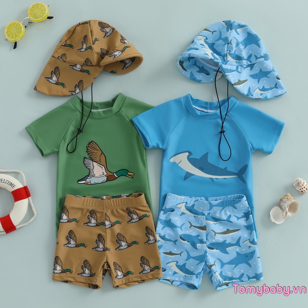 Bộ đồ bơi bé trai Rash Guard cho bé trai tập đi Áo cổ tròn ngắn tay in hình cá mập / vịt + Quần Short + Mũ bơi Bộ 3 chiếc