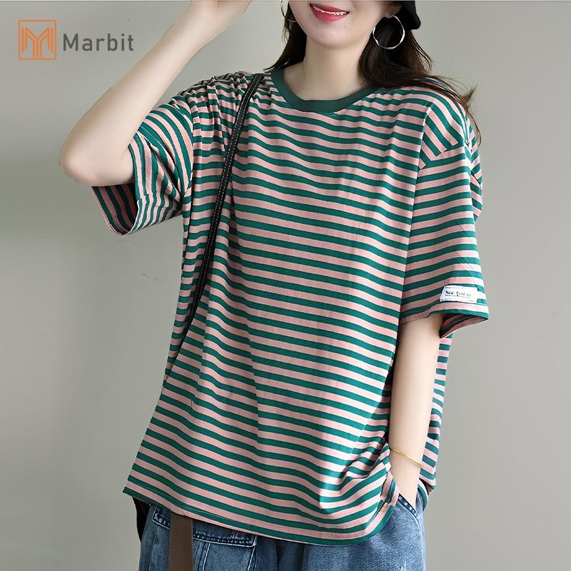 Marbit Nữ Thời Trang Mùa Hè Áo Thun Nữ Tay Ngắn Cổ Tròn Phong Cách Hàn Quốc Sọc Rời Tee Mới