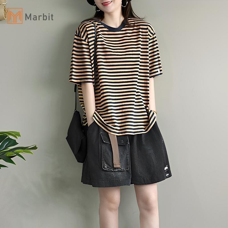 Marbit Nữ Thời Trang Mùa Hè Áo Thun Nữ Tay Ngắn Cổ Tròn Phong Cách Hàn Quốc Sọc Rời Tee Mới