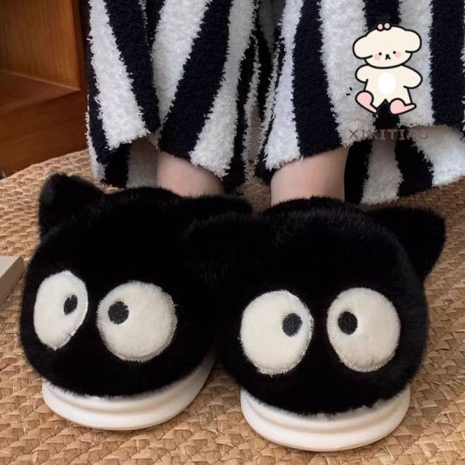 Xixitiao Giày Cotton Xấu Xí Dễ Thương Mắt To Nhỏ Mèo Đen Nữ Lông Cừu Ấm Nhà Nửa Gót Đế Mềm Lông