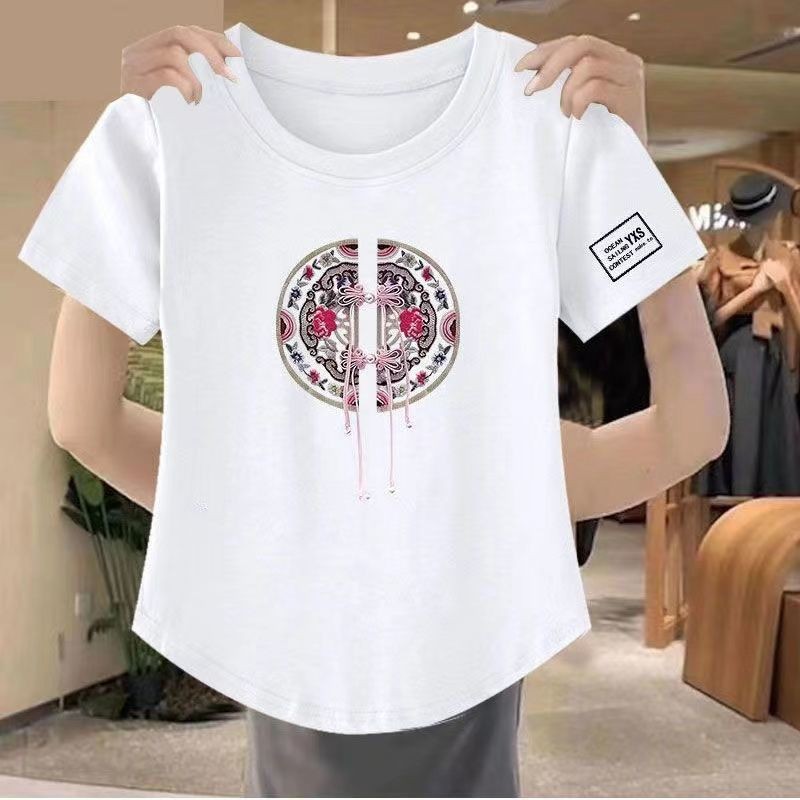 Áo thun phong cách Trung Quốc mới dành cho nữ mùa hè, áo thun in hình dáng rộng và đơn giản dành cho nữ