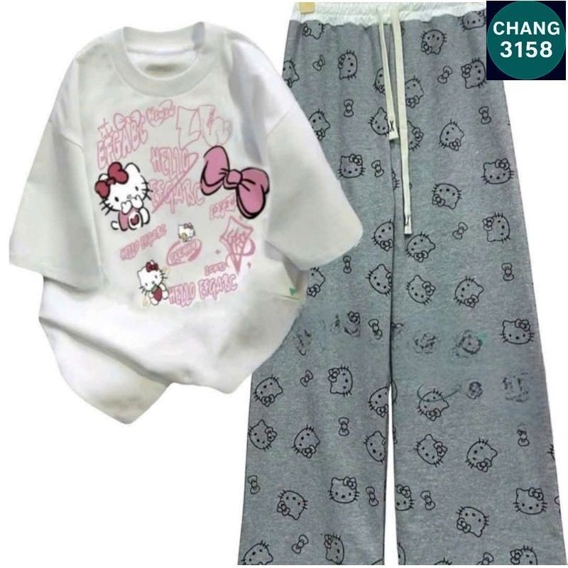 Tổng hợp các sét Bộ Quần Họa Tiết Mèo + mix áo phông Unisex form thụng tay lỡ - hình Mèo cute-CHANG 3158
