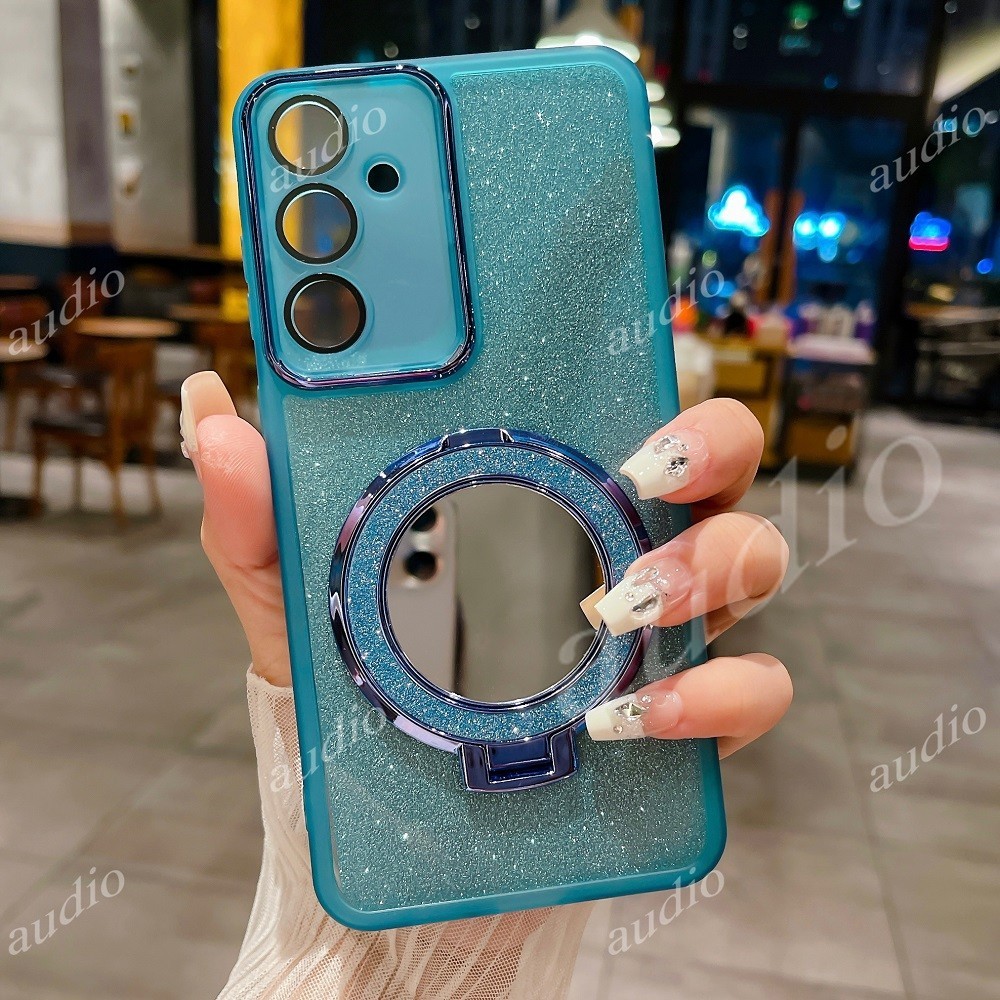 Lấp Lánh Gương Bling Giá Đỡ Từ Tính Ốp Lưng Điện Thoại Samsung Galaxy M55 M35 M15 4G 5G Full Ống Kính Camera Bảo Vệ Phim Lấp Lánh Vỏ Điện Thoại Có Chân Đế Để Bàn Ngón Tay Giá Đỡ
