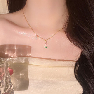 Vòng cổ ngọc trai hoa Tulip ánh sáng sang trọng mặt dây chuyền xương đòn ngọt ngào người phụ nữ