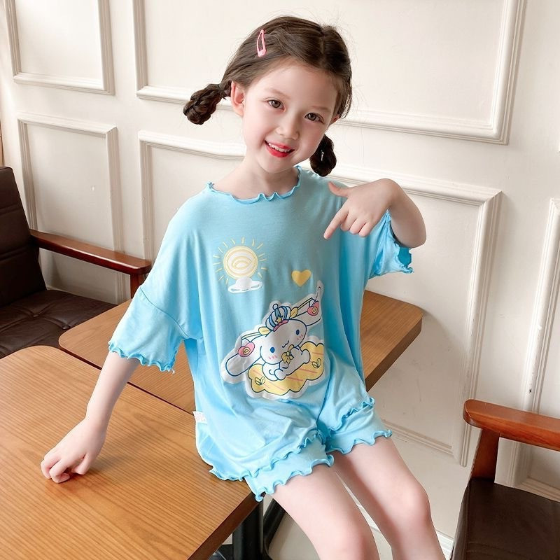 Trẻ Em Mỏng Bộ Đồ Ngủ 100-150 Kích Thước Bé Gái Mùa Hè Tay Ngắn Phù Hợp Với Bé Gái Nhà Quần Áo Hoạt Hình Kuromi Bộ Đồ Ngủ FKYS
