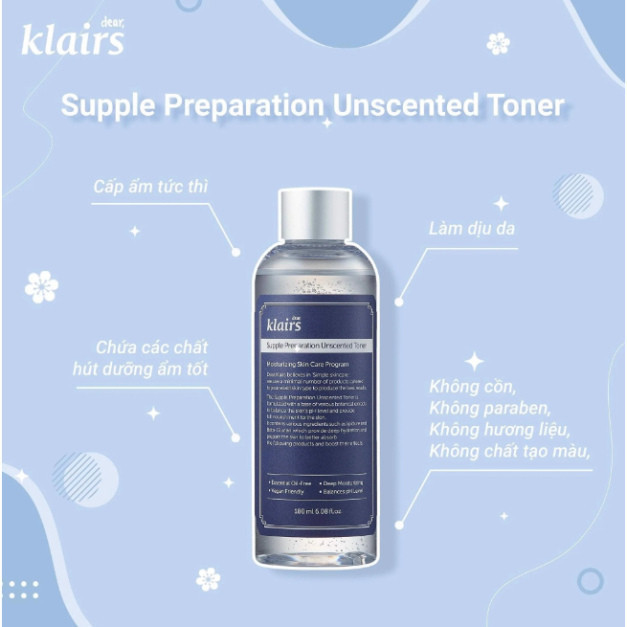 Nước Hoa Hồng Không Mùi Dưỡng Ẩm Và Làm Mềm Da Dear Klairs Supple Preparation Unscented Toner