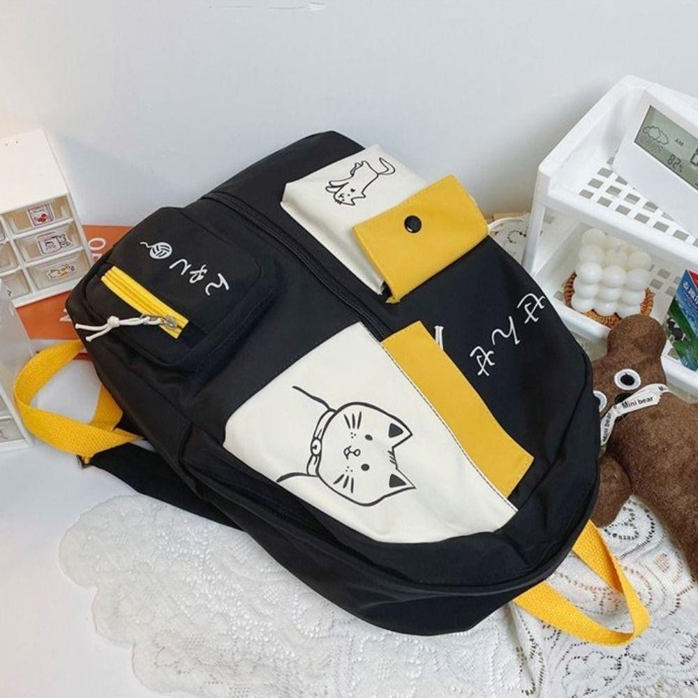 Ba lô học sinh HOBBYIN, Ba lô nữ Nylon dung tích lớn, Ba lô du lịch mèo hoạt hình chống nước dễ thương dành cho học sinh