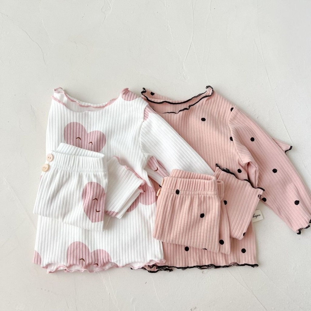 Bé Gái Ice Silk Ribbed Loungewear Phù Hợp Với Phong Cách Mới Bé Gái Dài Tay Bộ Đồ Ngủ Băng Nấm Cạnh Hai Mảnh Phù Hợp Với SKDR