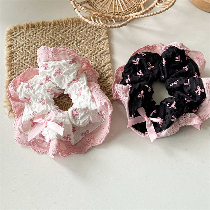 Dây Cột Tóc Scrunchies Đính Nơ Viền Ren Xinh Xắn Phong Cách Hàn Quốc Phụ Kiện Tóc Nữ và Bé Gái