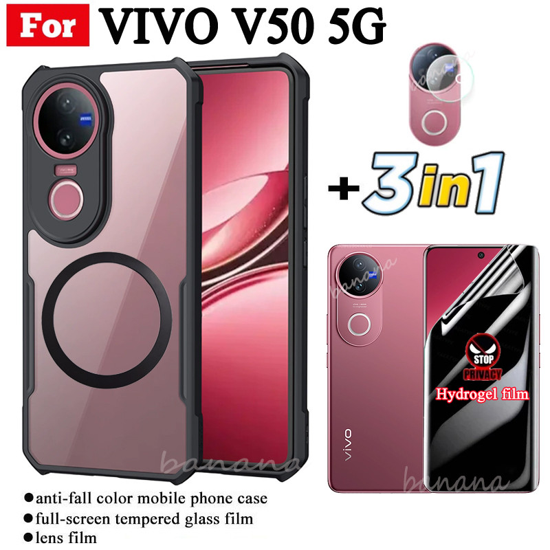 Ốp Điện Thoại Chống Sốc 3 Trong 1 Vivo V50 5G Có Nhãn Dán Sạc Không Dây Từ Tính Cho Vivo V40 Pro V40 Lite Y19S Chống Gián Điệp Mềm Riêng Tư Bảo Vệ Màn Hình Phim Hydrogel + Phim Ống Kính