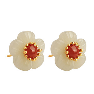 ❤ Cổ Điển Retro Plum Hetian Ngọc Mã Não Bông Tai Nữ Phong Cách Trung Hoa Bông Tai Camellia Trang Sức