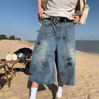 Gksss Nam Phố retro graffiti Nhật Bản Quần short denim dáng rộng giản dị thẳng ống rộng quần crop