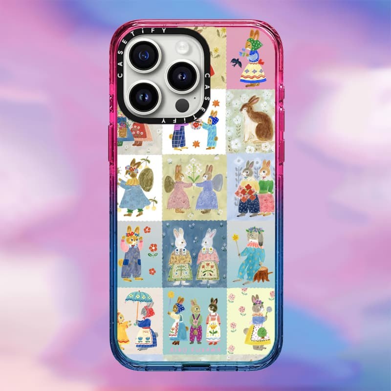 Casetify X thỏ miếng vá ngọt ngào Vỏ làm việc Black Edge Peach Haze Cotton Candy Collection Màu sắc trong suốt Vỏ cứng tác động cho Apple IPhone 12 13 14 15 16 Pro Max Plus có hộp