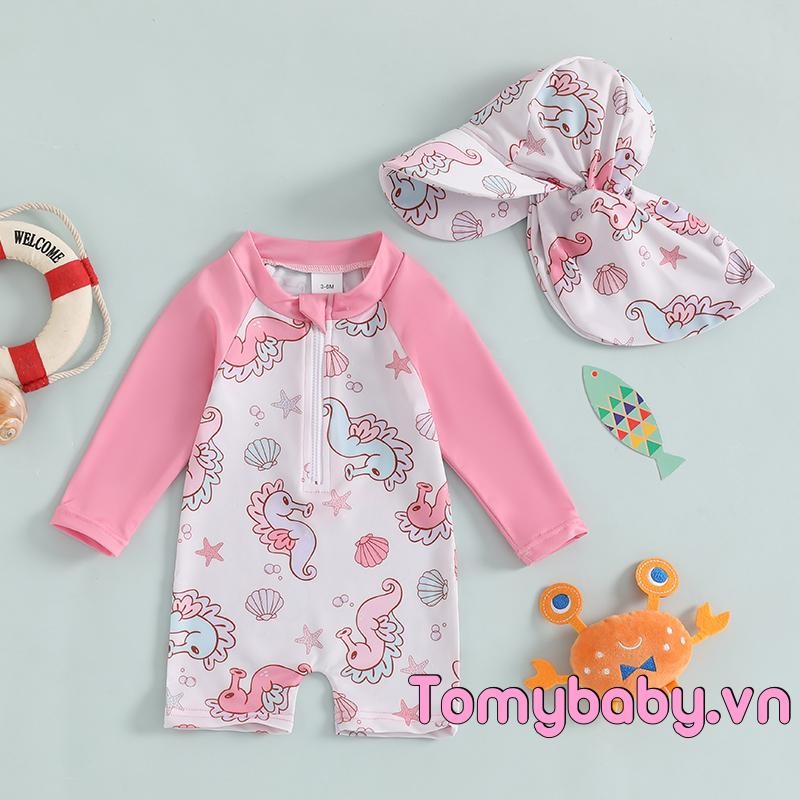 Trẻ mới biết đi Rash Guard Đồ bơi có mũ Seahorse Shell Pattern Zip Up Đồ bơi dài tay cho bé trai bé gái