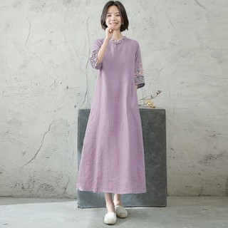 1401 Lần Mua Lại Văn Học Retro Phong Cách Dân Tộc Hàng Đầu Nữ Thêu Hoa Đầm Khóa Đứng Cổ Áo Năm Điểm Tay Áo Quần Áo Nữ 25.3.3
