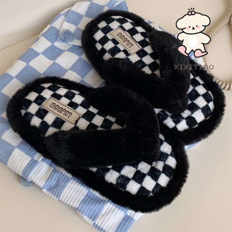 Xixitiao Thu Đông Sáng Tạo Phong Cách Mới Influencer Checkerboard Thời Trang Đế Mềm Giày Cotton Nữ Nhà Ngoài Trời Mặc ins Sang Trọng Flip-Flops