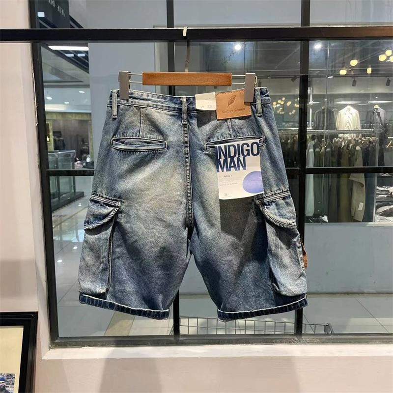 Hàng Cứng Hợp Thời Trang Công Nghiệp Nặng Rửa Đau Khổ Frayed Ami Kaki Vintage Nam Thẳng Rời Denim Năm Điểm Quần Short