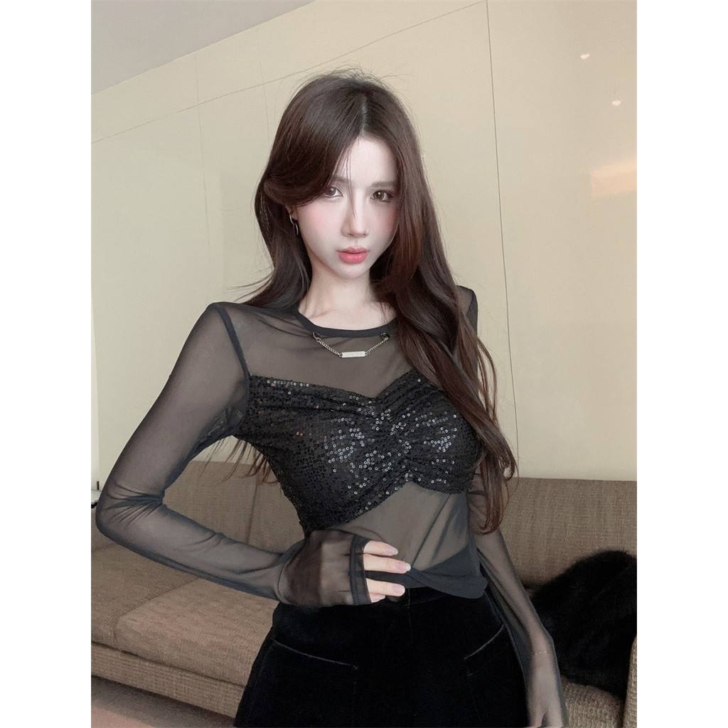 [JULI] Áo sơ mi nữ thêu lưới xuyên thấu mùa xuân mùa hè thuần khiết khao khát rỗng Hot Girl lấp lánh Top Quần áo nữ hàng đầu
