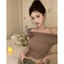 Áo cộc croptop mùa hè nữ thiết kế lệch vai đính hoa chất liệu co giãn XIMIMI SP266