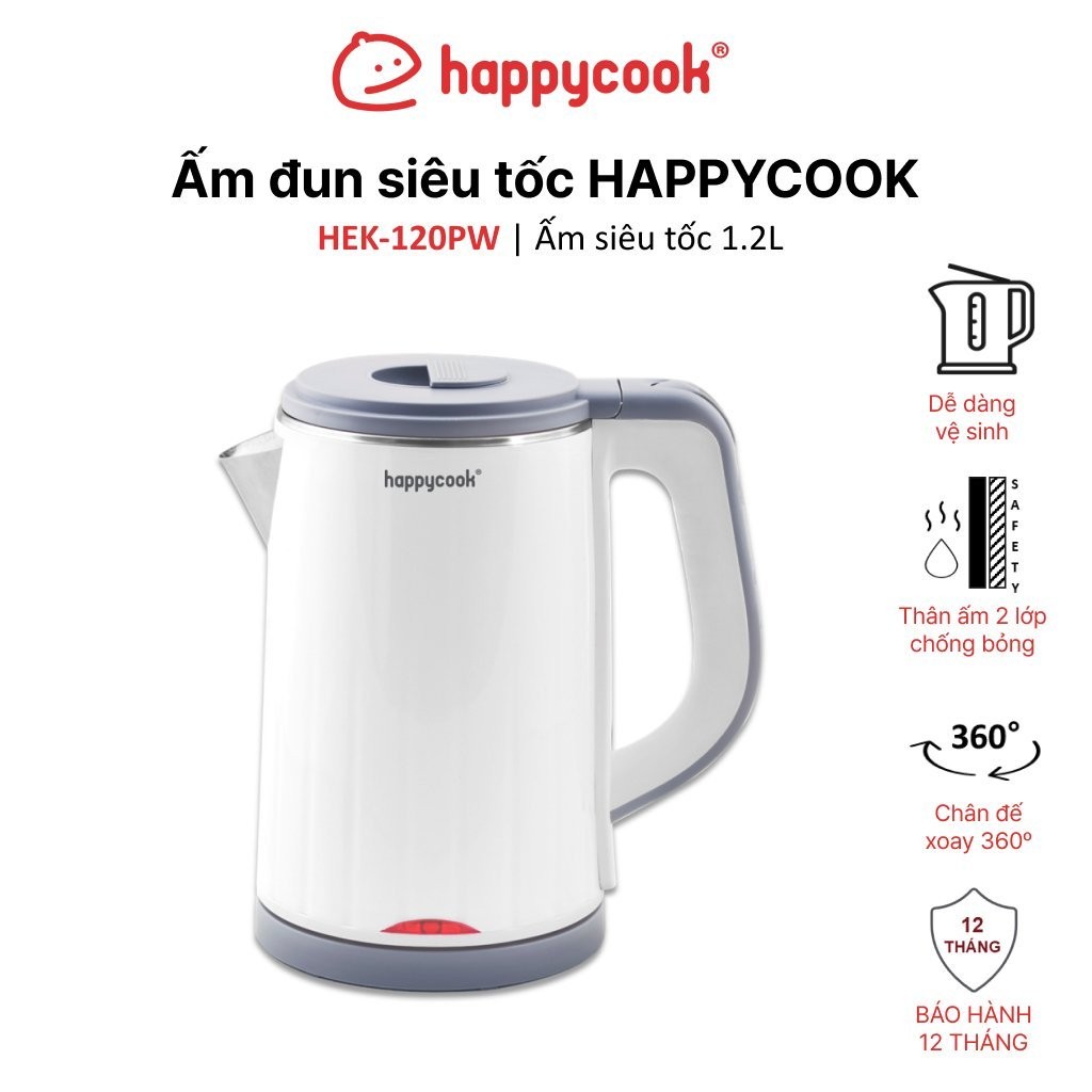 Ảnh Ấm siêu tốc Happy Cook 1.2L, HEK-120PW  - 2 lớp chống nóng - Bảo hành chính hãng 12 tháng. 1